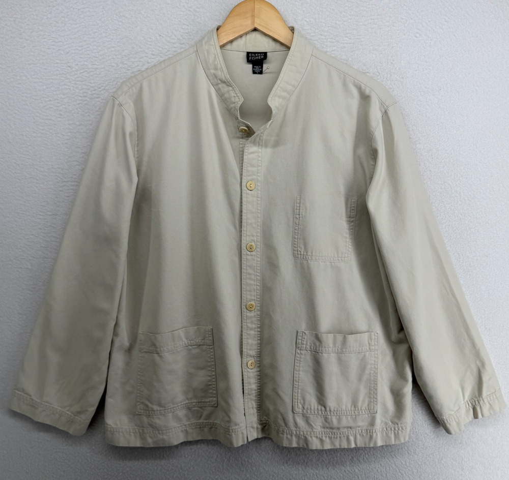 EILEEN FISHER Jacket L Cotton Canvas Chore Button Front High Neck Beige VTG USA
